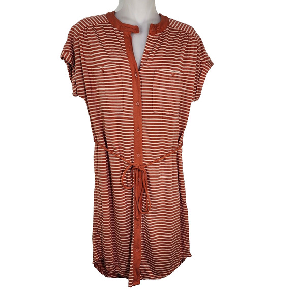 Fossil Womens Mini Dress Small Button Up Orange Striped Tie Waist Short Sleeve - Picture 1 of 9